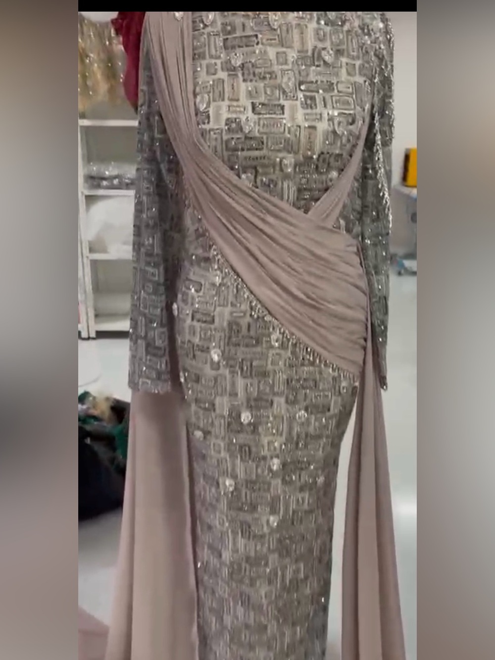 Beaded Long-Sleeve Evening Gown in Taupe
Brand new custom made